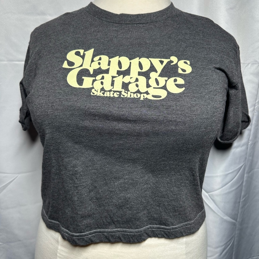 Slappyโs Garage Skate Shop Gray Crop Top